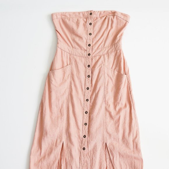 Urban Outfitters BDG | Pink Button Front Dress Linen Blend Strapless | Women's 2 - Picture 1 of 5